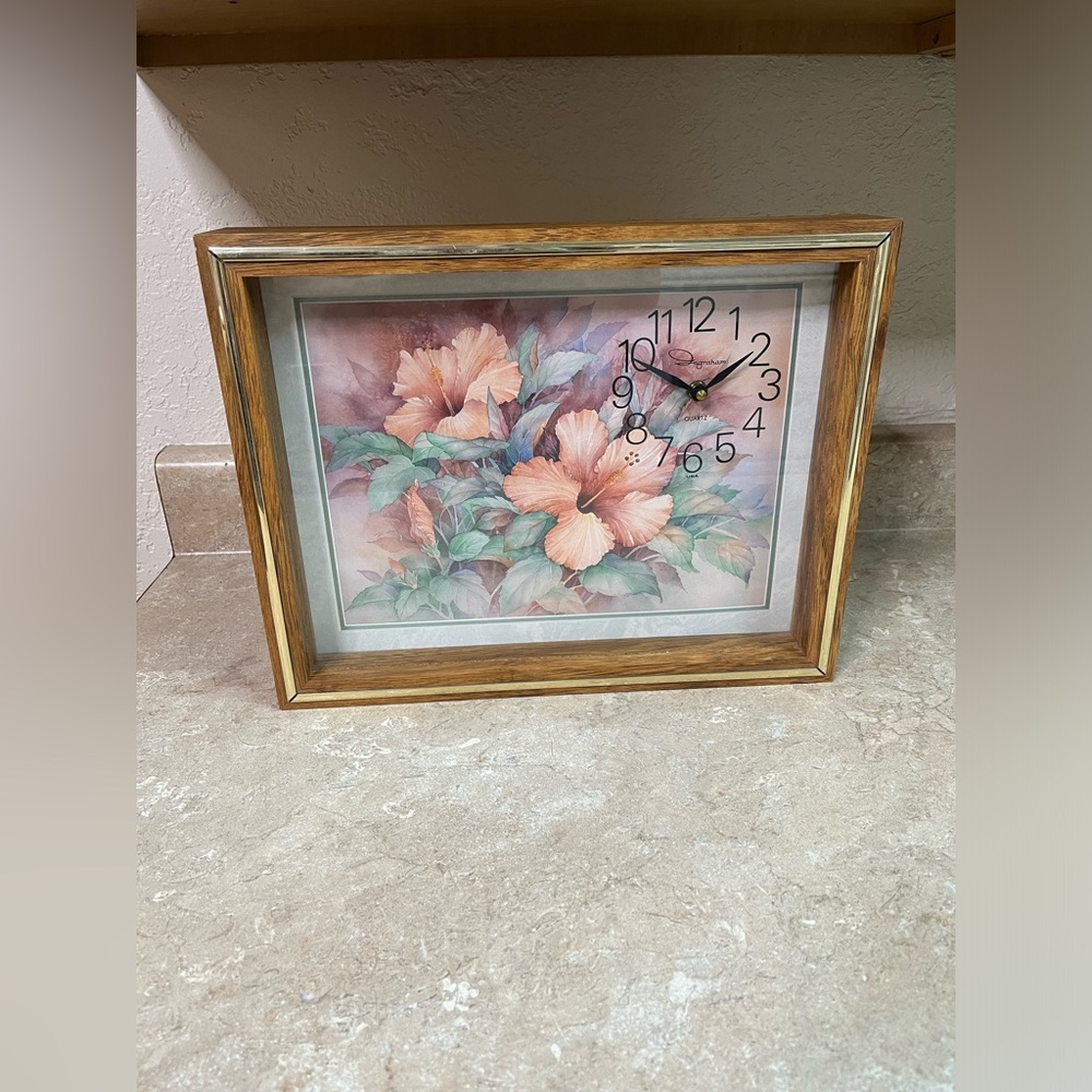 Vintage wood framed shadow box Floral Wall Clock - Peach Hibiscus Design
